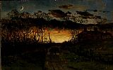 Edward Mitchell Bannister Famous Paintings - sunset with quarter moon and farmhouse